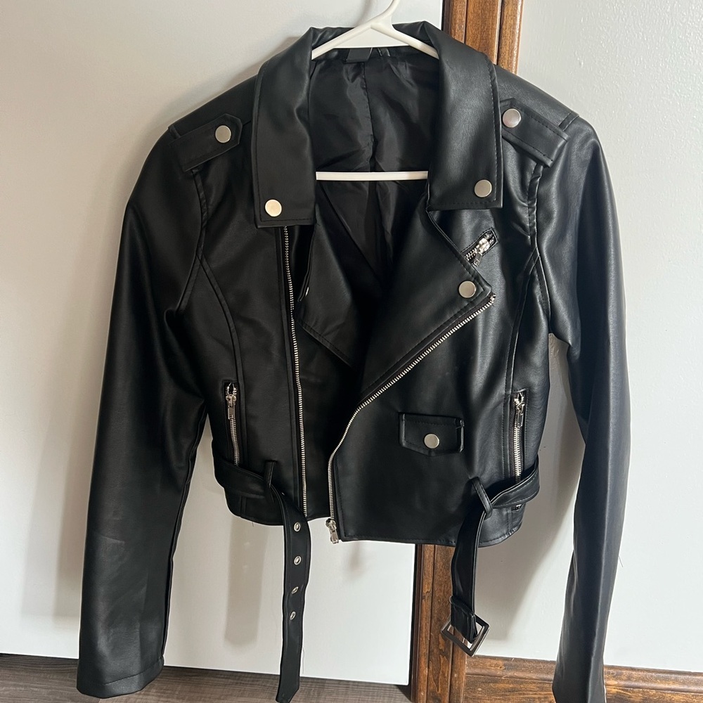 Windsor Black Faux Leather Biker Jacket with Silver Hardware